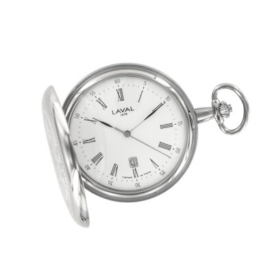 montre de poche en laiton argenté avec cadran blanc à chiffres romains et date à 6 heures