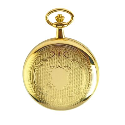Montre de poche en laiton doré avec couvercle, cadran blanc, chiffres arabes et date à 6h