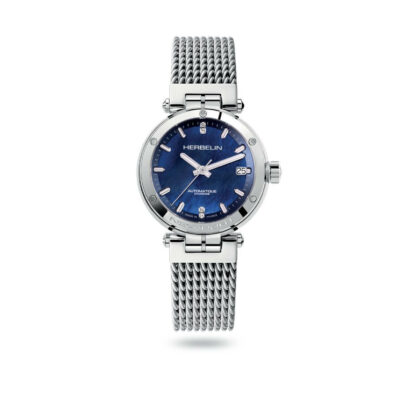 Montre Michel Herbelin pour femme, cadran nacré bleu avec index diamant, bracelet maille acier
